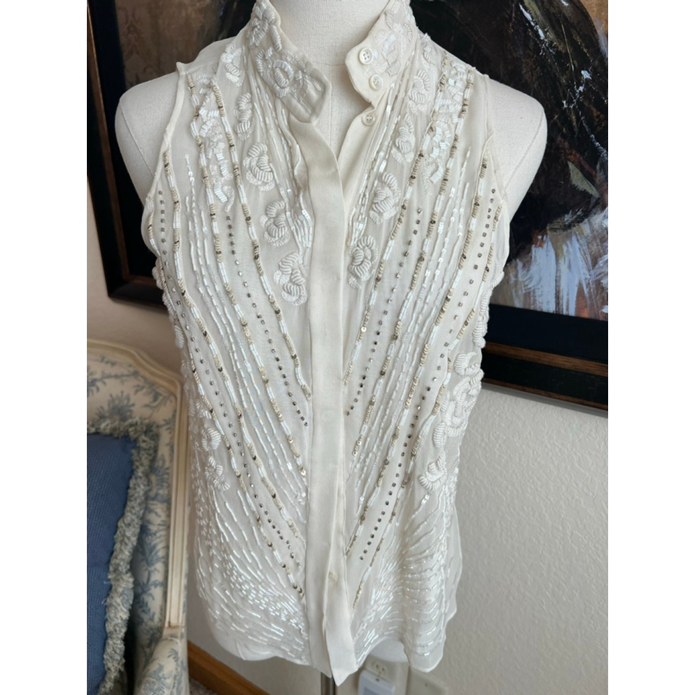 NWT BARBARA BUI Ivory Beaded Silk Blouse L